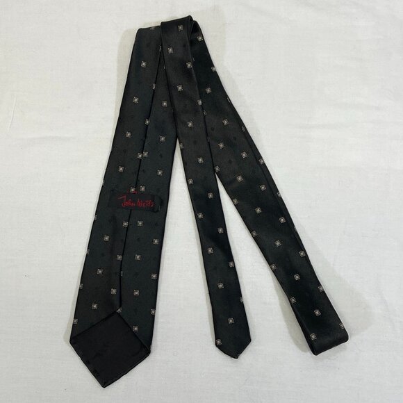 John Weitz Narrow Classic Tiny Geometric Print 3” Neck Tie Black Gold 80’s - Picture 5 of 7